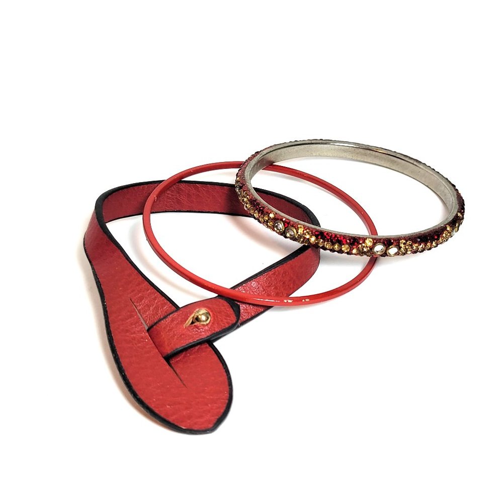 👄 💋 Set of 3 Candy Apple Red Leather Metal 80s Bangle Bracelet Set👄 💋